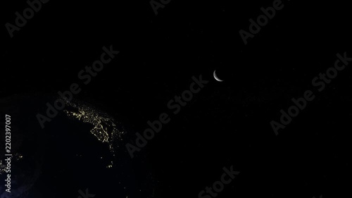 Crescent Moon Above Earth at Night with City Lights from Space