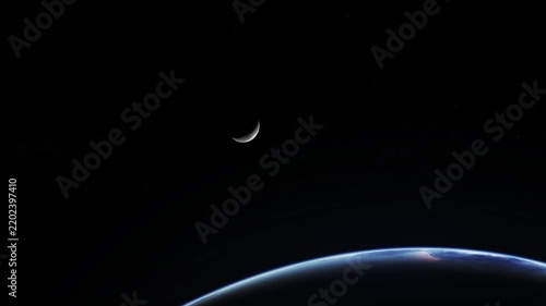 Crescent Moon Above Earth’s Glowing Horizon in Deep Space