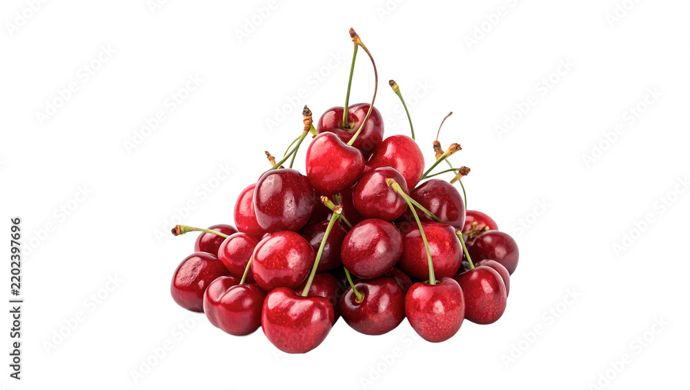 Obraz premium Bunch of fresh red sweet cherries fruit crops isolated on transparent background
