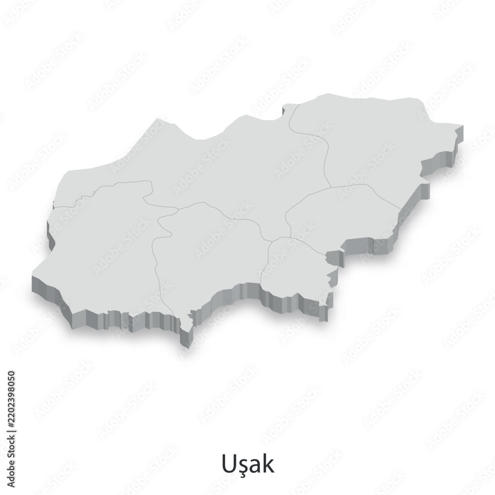 Obraz premium 3D Map of Usak Province, Turkey - Administrative Divisions