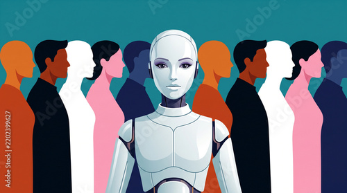 Humanoid robot standing in a line of diverse people against a teal background