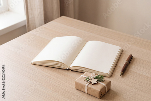 Open blank planner notebook with a wooden pen and small kraft gift box decorated with greenery, creating a minimalist concept for planning, journaling, and holiday gifting.