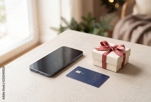 Modern smartphone, elegant gift box, and contactless payment card arranged on a neutral table, representing digital payments, online shopping, gifting, and consumer commerce.