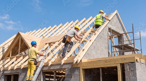 Group of Professional Construction Workers Installing Wooden Roof Trusses on a New House under Blue Sky