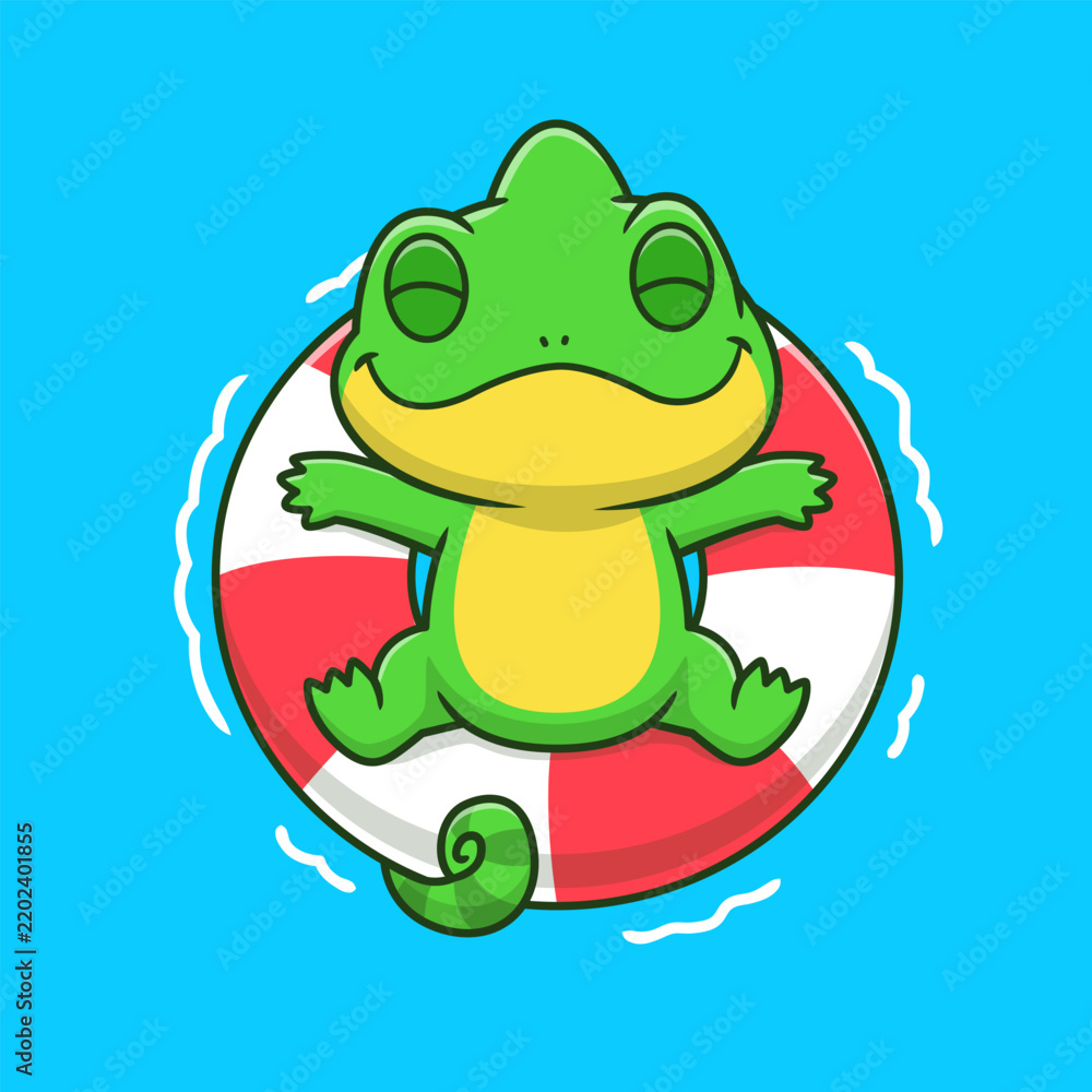 Fototapeta premium Cute Chameleon Chill On Swimming Tires Cartoon
