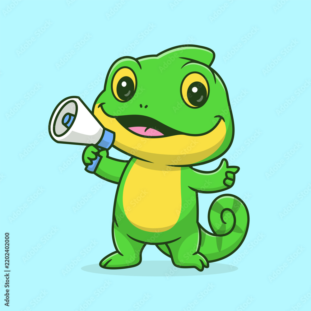 Obraz premium Cute Chameleon Holding Megaphone Broadcast Cartoon