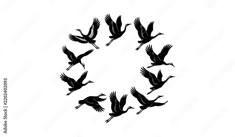 Fototapeta premium Black and White Crane Bird Vector Icons with Flying Poses Head Profiles and Elegant Wildlife Silhouettes