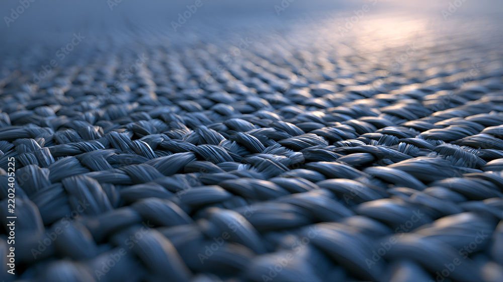 Fototapeta premium Woven Straw Texture Pattern Glowing Under Warm Summer Light, Blue Hour Twilight Glow, Wide-Angle 24mm Lens, Expansive View, Cool Muted Blue-Gray Palette, High-Resolution Digital Art