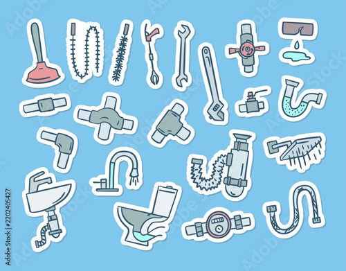 Plumbing and Pipes Color Thin Line Sticker Set Hand Drawn Doodle Style. Vector illustration of Faucet and Pipe