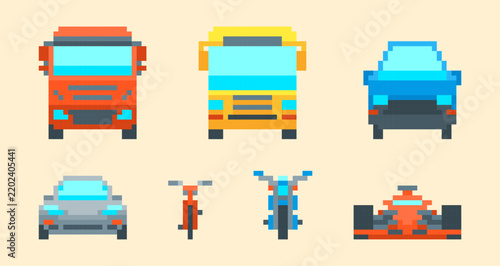 Cartoon Color Pixelated 8 Bit Different Types Car Transport Set. Vector illustration of Transportation Concept Pixel Art