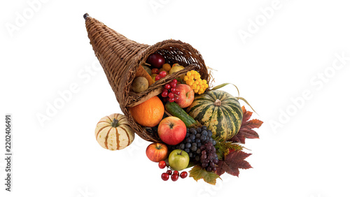 Traditional autumn Thanksgiving cornucopia horn of plenty isolated on transparent background