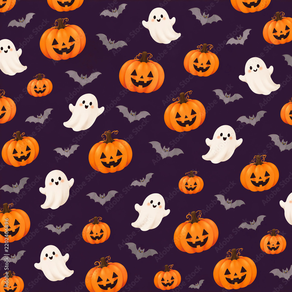 Fototapeta premium ハロウィンのかぼちゃとおばけとコウモリのシームレスパターン