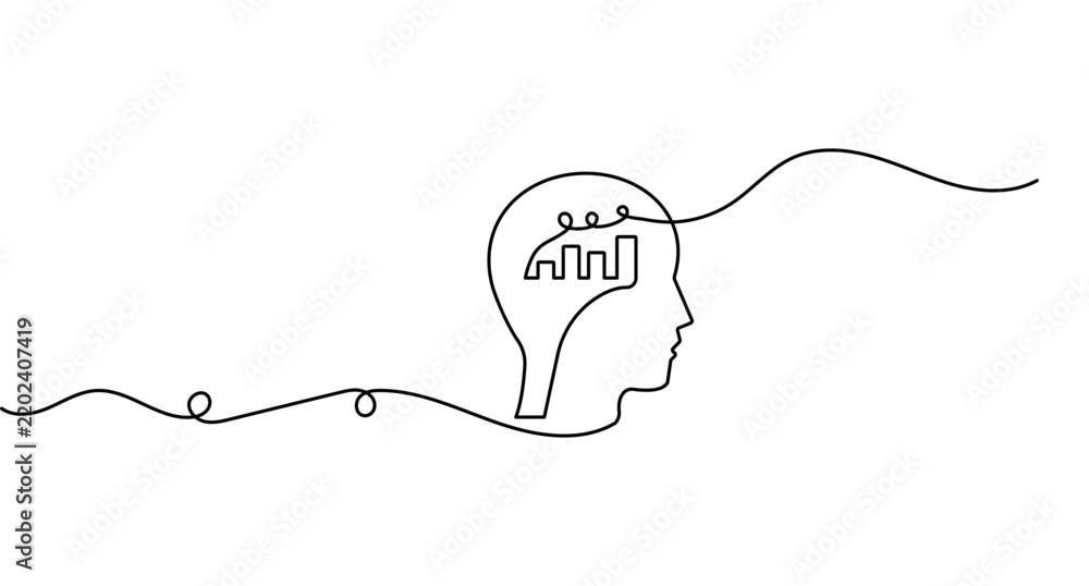 Obraz premium Head chart continuous line art depicting a profile head with a bar graph inside with editable stroke vector format.