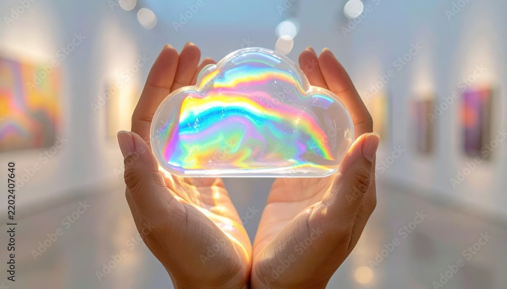 Obraz premium Hands holding iridescent glowing cloud in gallery.