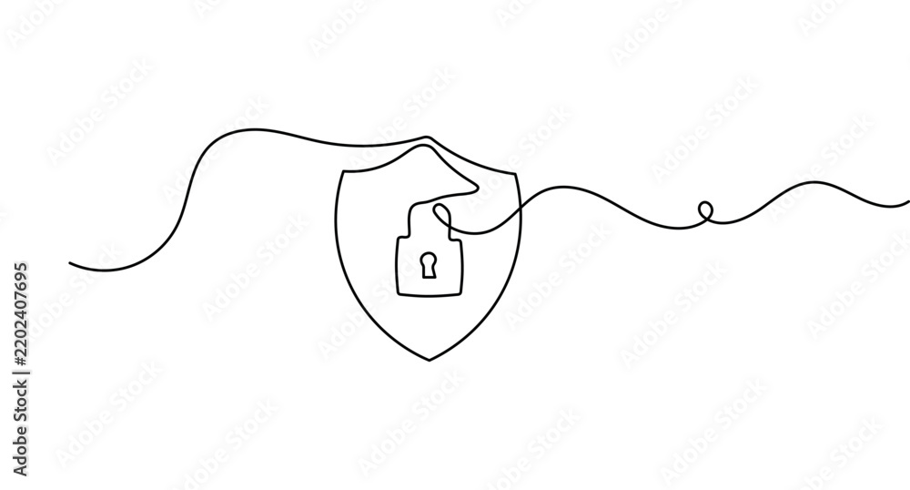 Obraz premium Shield lock continuous line art showing a security emblem with padlock and editable stroke vector icon.