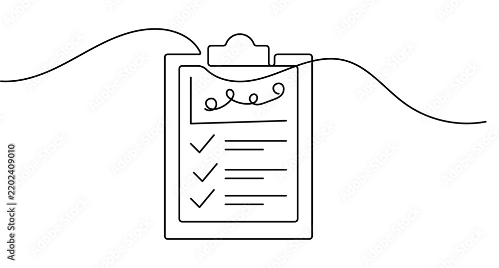 Obraz premium Clipboard checklist continuous line art featuring a document board with check marks and editable stroke vector format.