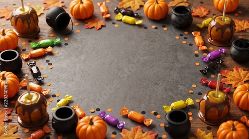 Halloween Candy Border Frame Background with Caramel Apples and Festive Treats