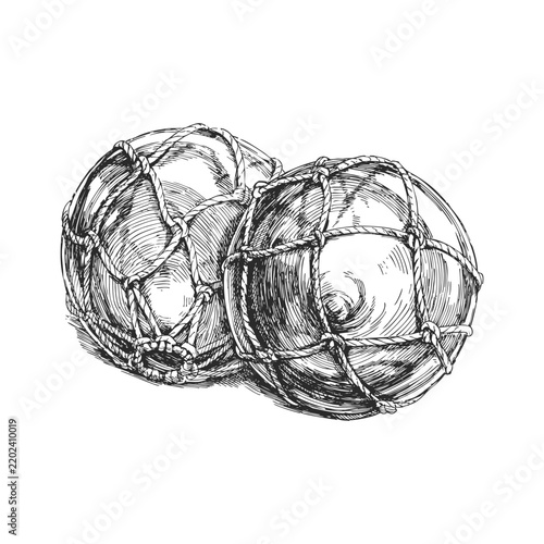Vintage Glass Fishing Floats in Rope Net Vector Hand Drawn Ink Illustration Dark Glass Balls with Light Mesh Outline Rustic Maritime Decor Sketch