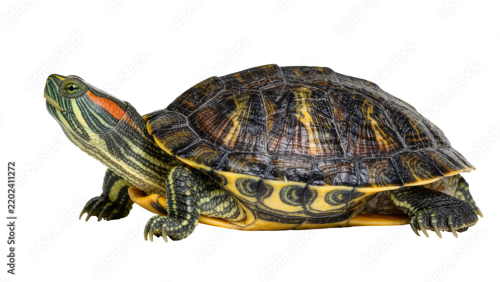 Obraz premium Red-eared slider turtle with patterned shell and striped neck, isolated on transparent background