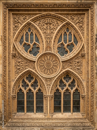 Intricate historic gothic stone carved window frame with ornate architectural relief details