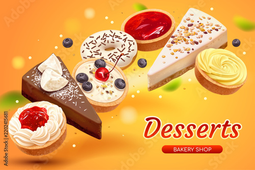 Horizontal banner with traditional desserts - tarts, cheesecakes and donut with berries, cream and jam isolated on the orange background. Realistic style. 