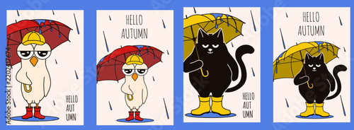 Autumn Poster cover set. Vector illustration emotional animal under the rain with Umbrella rubber boots and hand drawn Hello Autumn message. Perfect Autumnal card collection. EPS 10