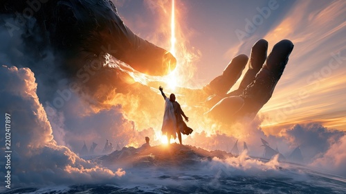 Figure reaching towards a massive divine hand amidst a dramatic sky.