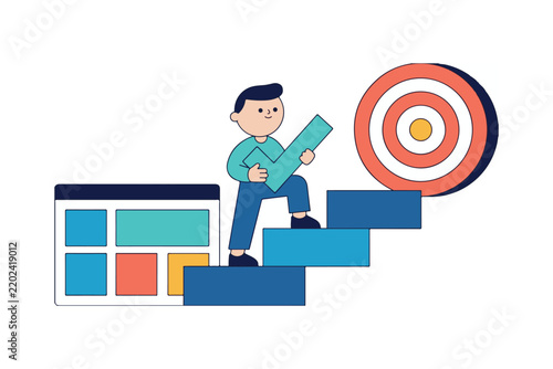 Business goal achievement vector, man climbing stairs to target, success and career growth concept illustration