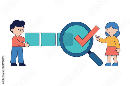 Flat vector illustration of people analyzing progress. Business team checking task completion with magnifying glass.