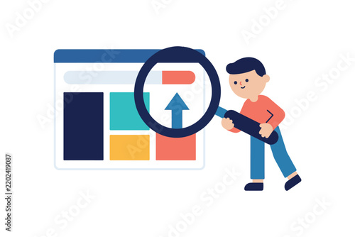 SEO search engine optimization concept, man with magnifying glass analyzing website data, digital marketing vector