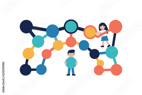 Abstract data network vector illustration, people building digital connection nodes, teamwork concept