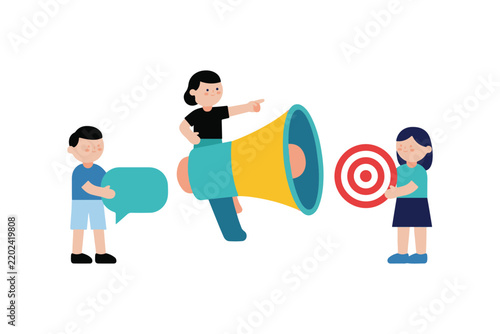 Marketing strategy vector illustration, business team with megaphone and target, digital advertising concept