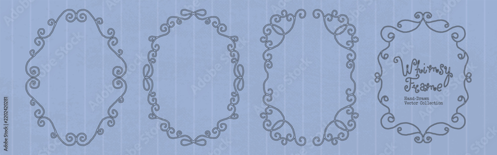 Obraz premium Elegant whimsy hand drawn frames with curly scroll borders, ornate shapes and a delicate bow detail. Whimsical doodle frame collection for wedding invitations, baby shower cards, menus, labels.