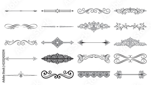 Vintage ornamental page divider set with arrow tips for wedding invitation design, book chapter breaks, and elegant certificate layouts