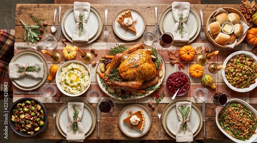 Overhead view of a Thanksgiving roasted turkey feast with festive side dishes