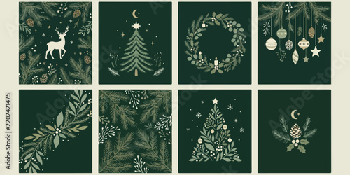 Set of eight elegant christmas greeting card designs featuring hand drawn botanical illustrations on dark green backgrounds
