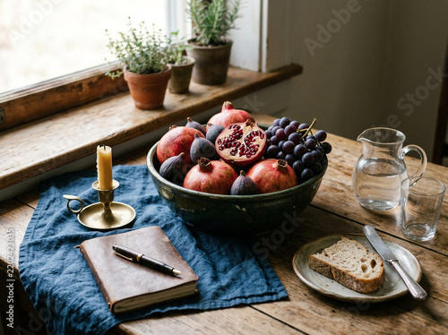 Rustic still life composition featuring fresh pomegranates figs grapes and bread on a wooden table