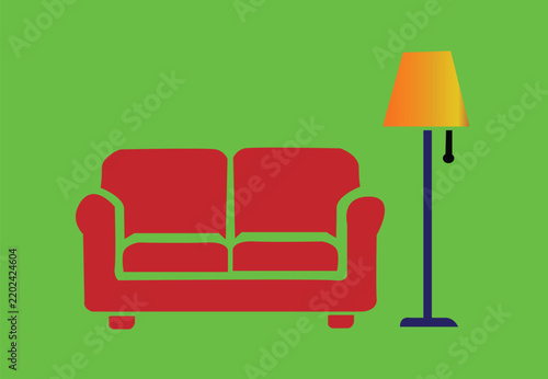 Modern Red Sofa and Standing Floor Lamp Minimalist Living Room Interior Design Illustration
