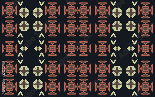 An ethnic batik pattern featuring a navy background, brick-red ornaments, and cream-colored floral motifs and small arrow symbols.