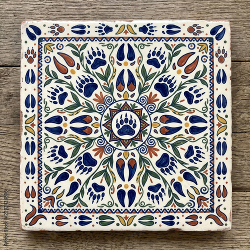 Square ceramic decorative tile featuring intricate colorful animal paw print patterns and floral elements