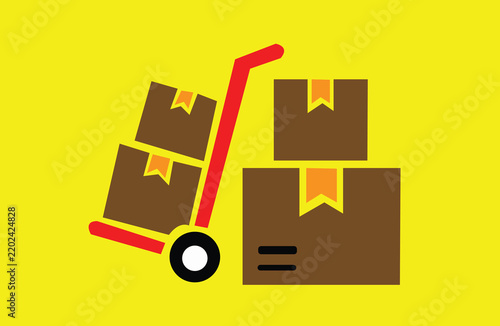 Flat Illustration of a Red Hand Truck with Cardboard Boxes for Logistics and Delivery Services on Yellow Background