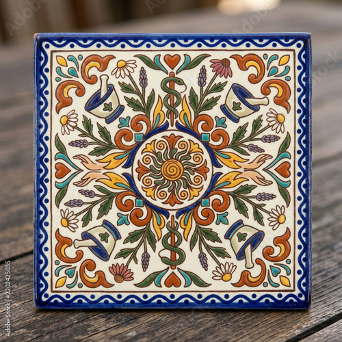 Square ceramic decorative tile featuring intricate traditional pharmaceutical and herbal floral patterns