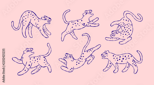 Retro Playful Cat Illustration Set with Hand Drawn Line Art