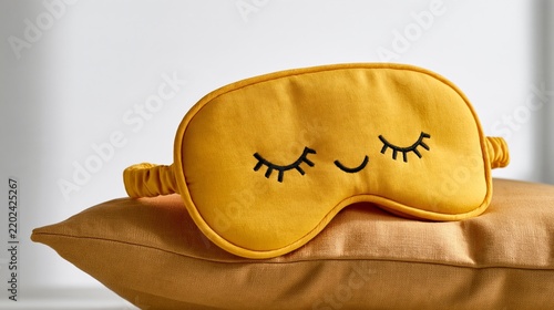 Mental Health self-care photo: a sleep mask lying on a pillow with a tiny smile embroidered on it, on a bright white background.