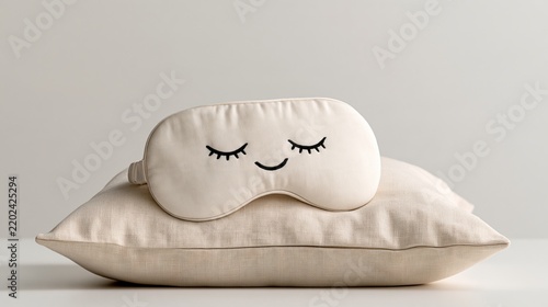 Mental Health self-care photo: a sleep mask on a pillow with a small embroidered smile, on a bright white background with copy space.