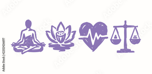 Hand drawn purple icons for wellness and life balance in brush stroke style
