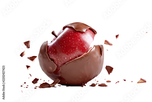 Red apple breaking through chocolate shell explosion