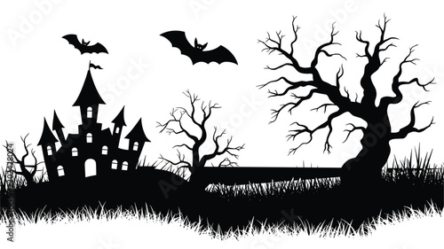 Spooky halloween landscape silhouette featuring a haunted castle, twisted leafless trees, and bats flying in the sky, presented as a black on white background