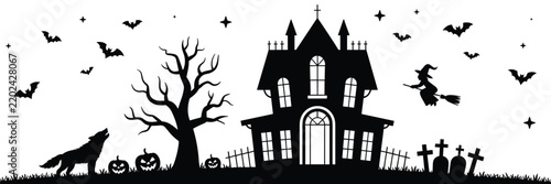Spooky halloween landscape silhouette featuring a haunted house, a howling wolf, a flying witch on a broomstick, tombstones, and bats on a white background