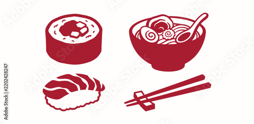 Japanese food icons set in minimalist flat vector style for restaurant branding
